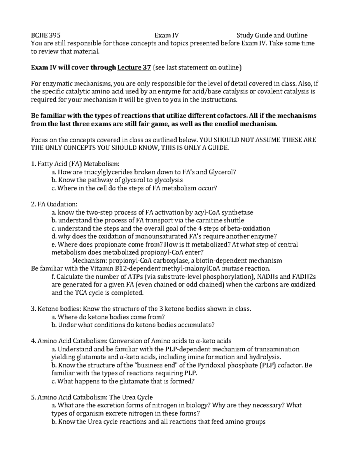 Exam IV Outline and Study Guide - BCHE 395 Exam IV Study Guide and ...