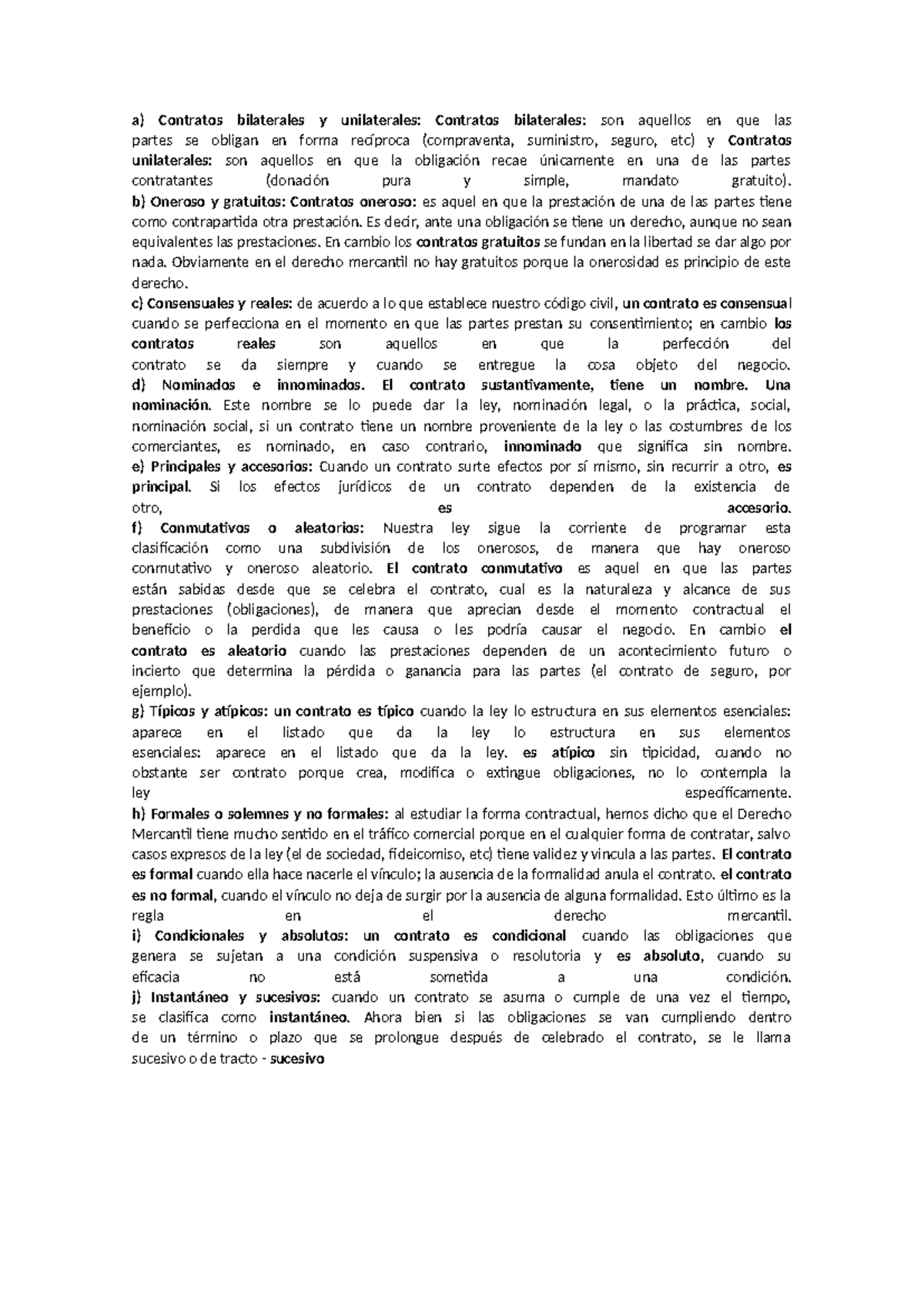 Clasificación - a) Contratos bilaterales y unilaterales: Contratos ...