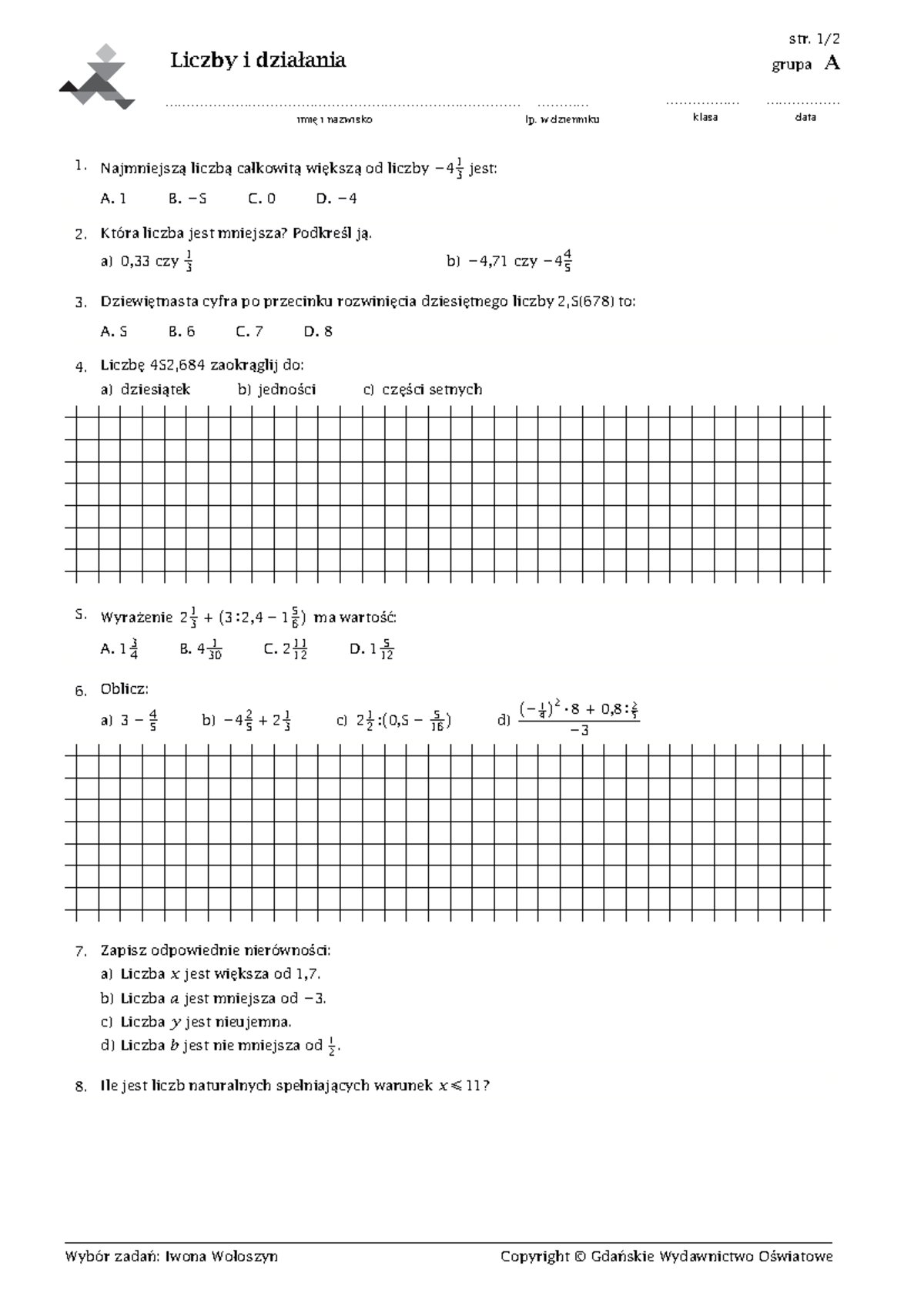 Liczby I Działania Kl 5 Sprawdzian www.studocu.com