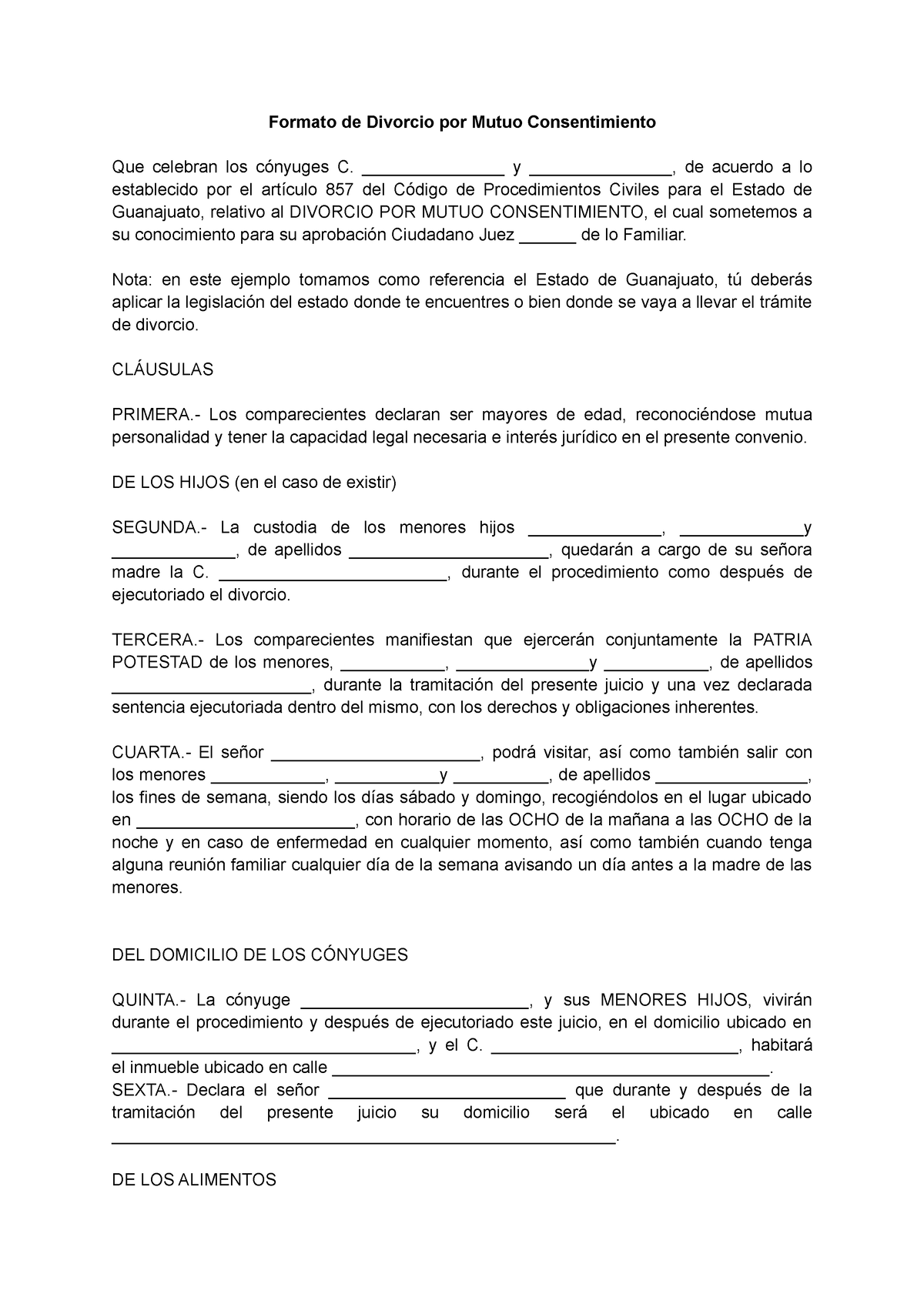 Formato De Divorcio Por Mutuo Consentimiento Y De Acuerdo A 2177