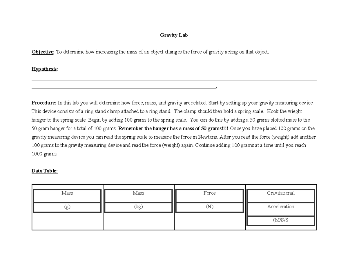 Gravity lab Nono Gravity Lab Objective To determine how increasing
