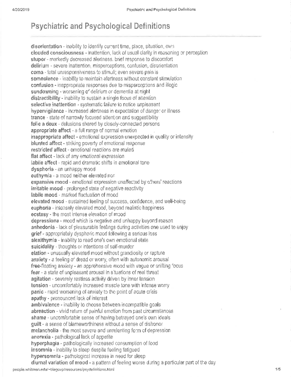 Psychiatric Terms and definitions Handout SW 5203 Studocu