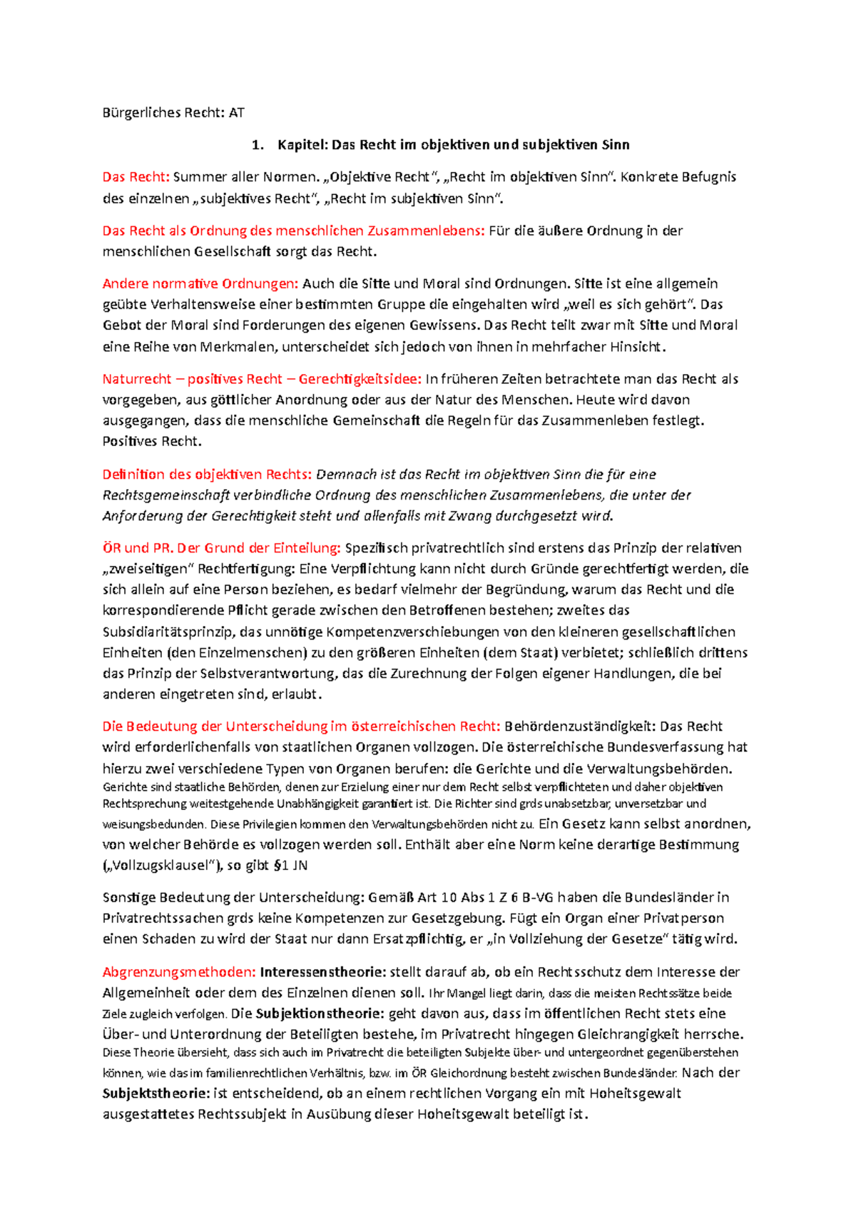 KW Zusammenfassung AT Bürgerliches Recht AT 1. Kapitel Das Recht