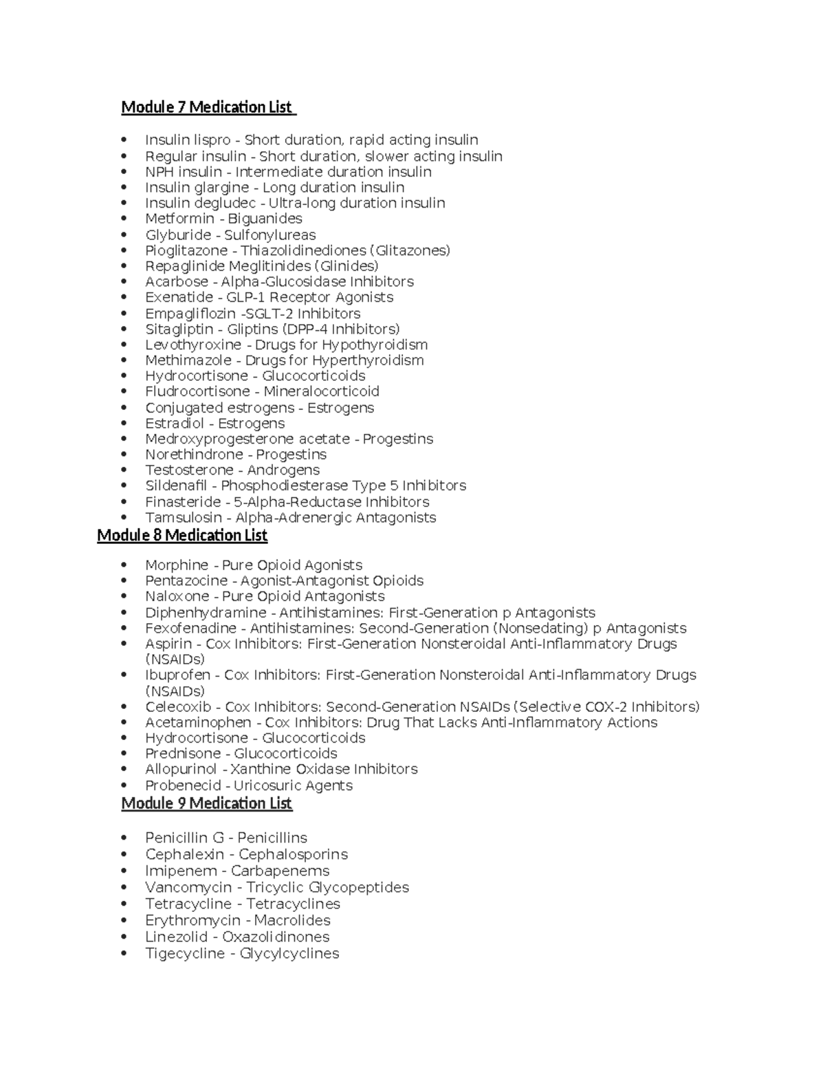 Pharm Medication List Final Exam - Module 7 Medication List Insulin ...