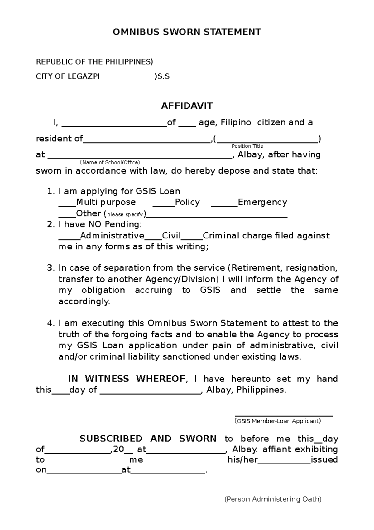 Omnibus Sworn Statement 3 1 Omnibus Sworn Statement Republic Of The Philippines City Of 3500