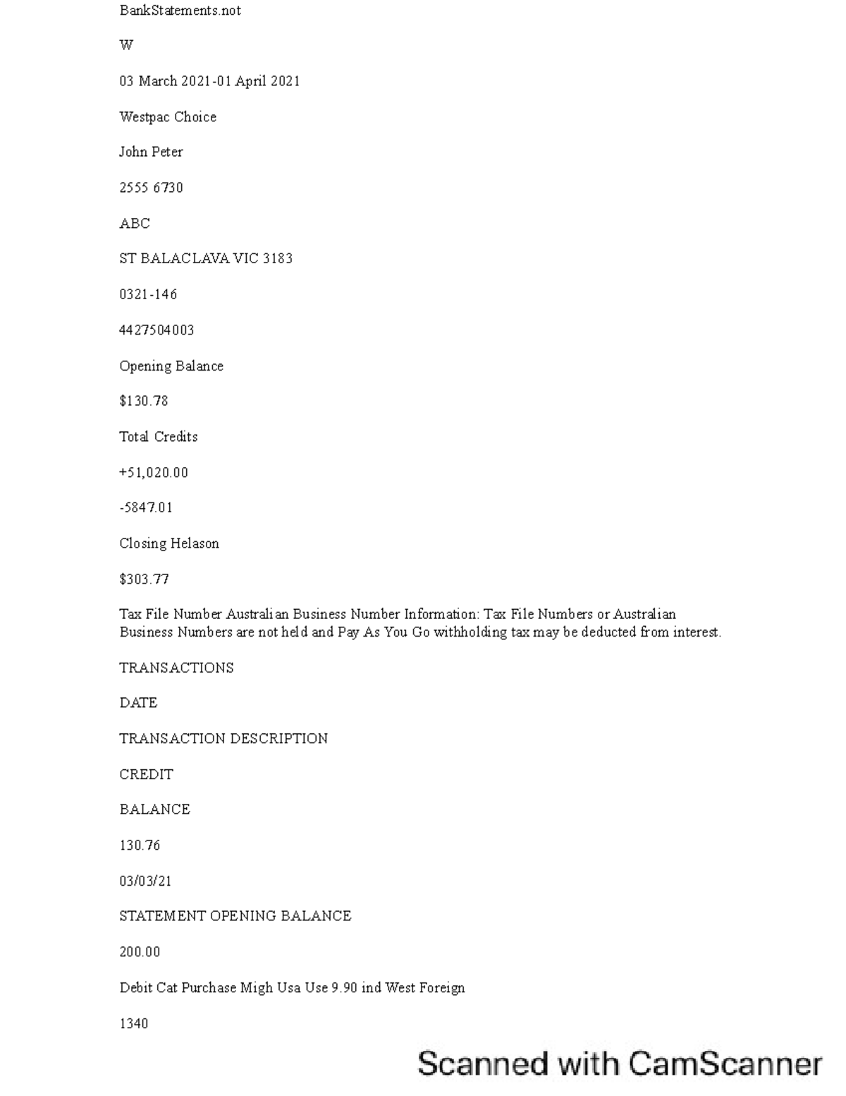 Westpac Transaction - BankStatements W 03 March 2021-01 April 2021 ...