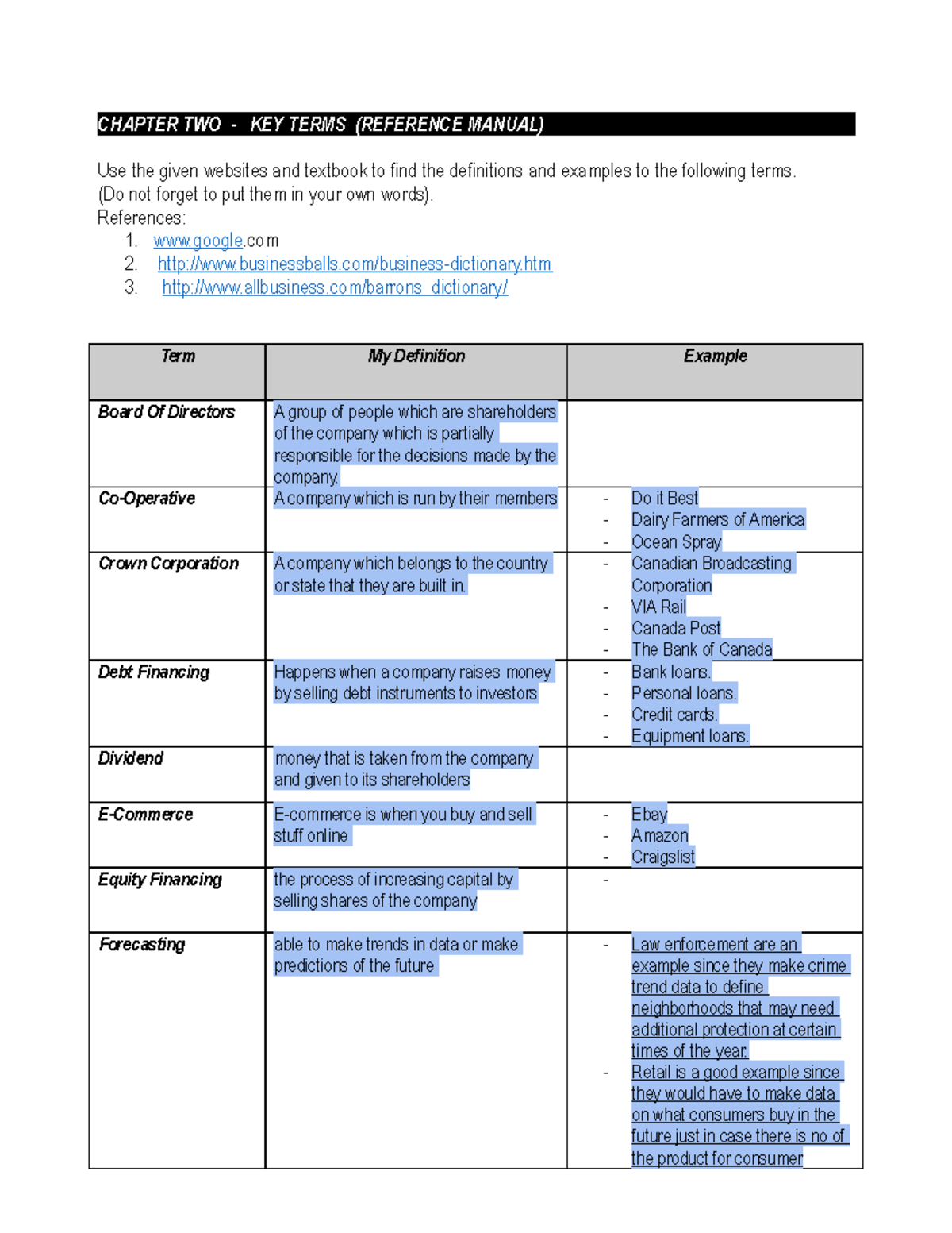 Chapter 2 Key Terms - This is a fill in the blank worksheet for ...