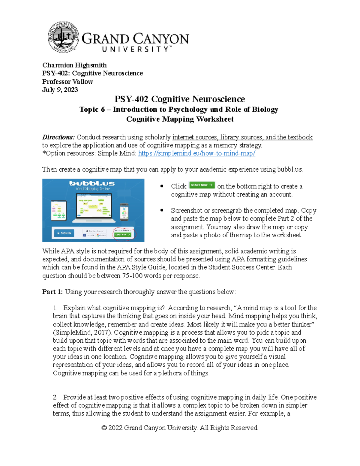 PSY402-Cognitive Mapping Worksheet - Charmion Highsmith PSY-402 ...