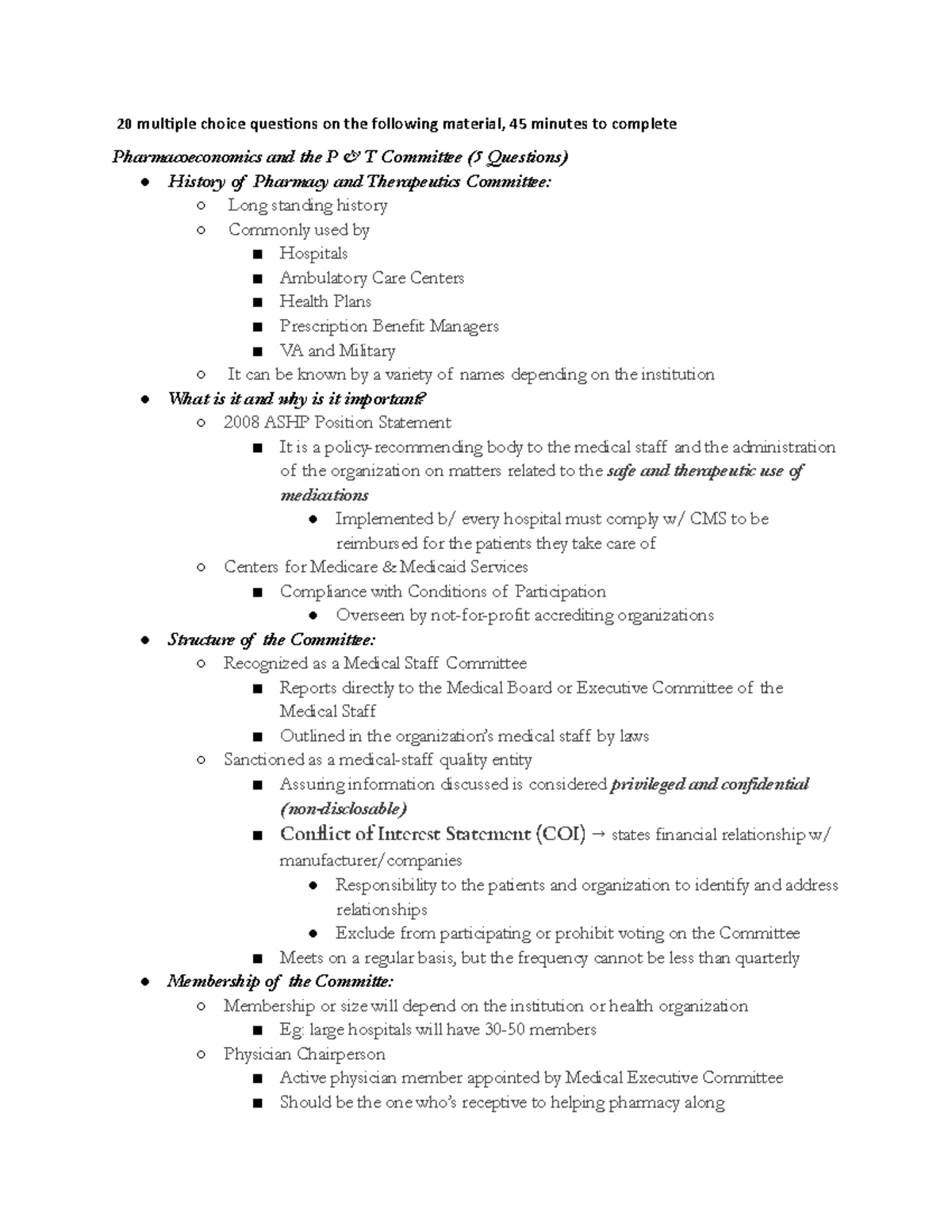 APM Final - 20 multiple choice questions on the following material, 45 ...