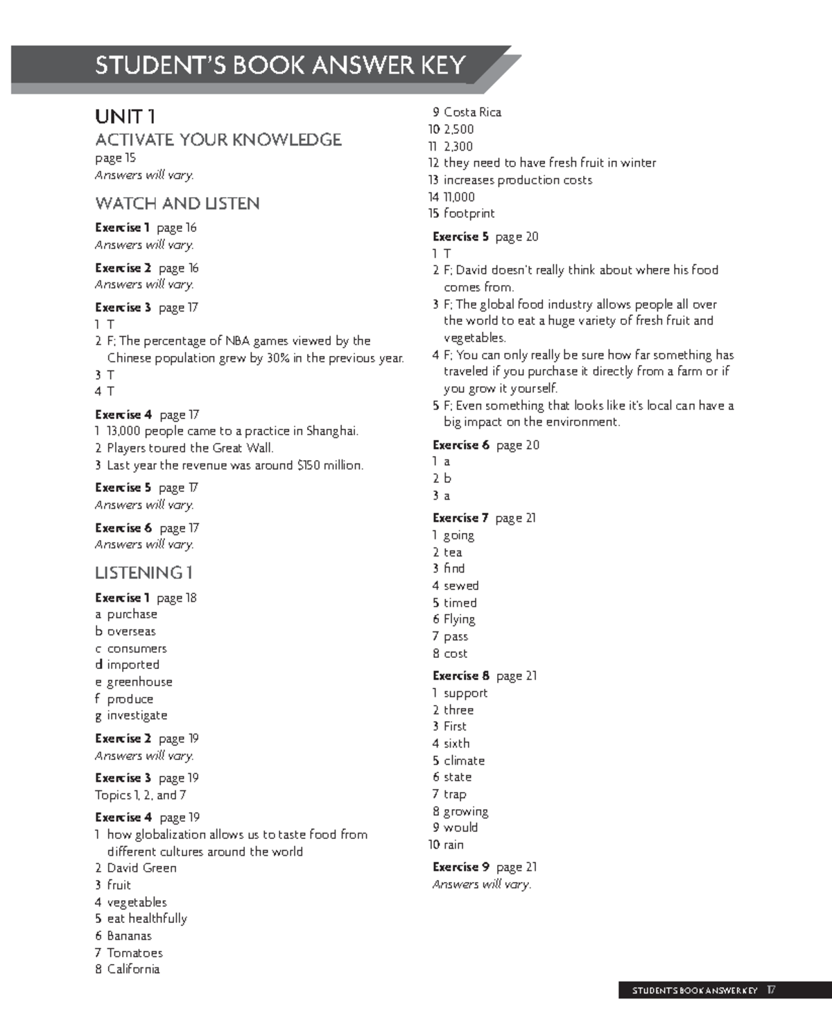 Prism LS L3 Student s Book Answer Key STUDENT’S BOOK ANSWER KEY 9