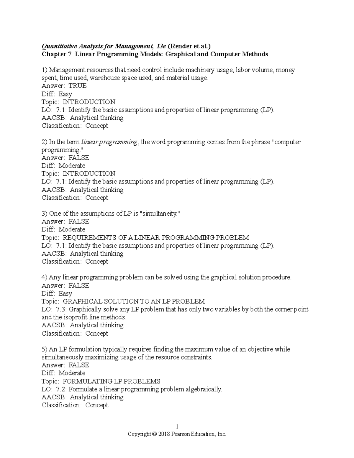 Quantitative business analysis test bank Chapter 7 Quantitative Analysis for Management, 13e