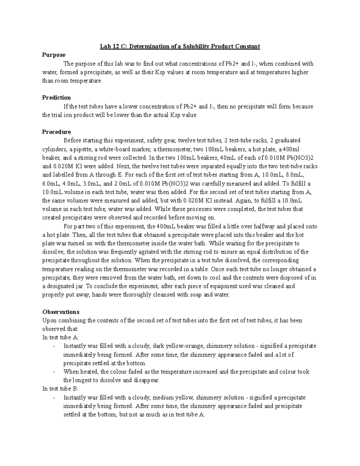 Lab 12C Determination of a Solubility Product Constant - Lab 12 C ...