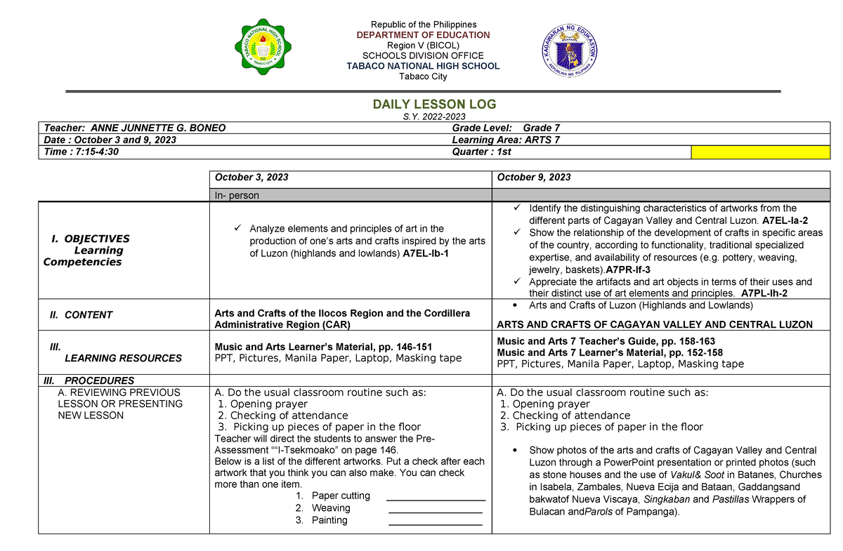 ARTS-DLL-OCT 2 AND 9-2023 - Republic of the Philippines DEPARTMENT OF ...