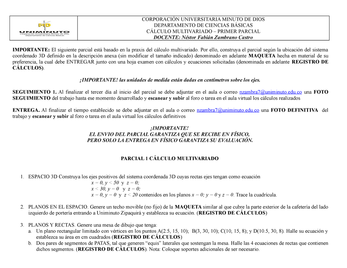 Parcial 1 Calculo Imultivariado Version 15-2 - Calculo Diferencia E ...