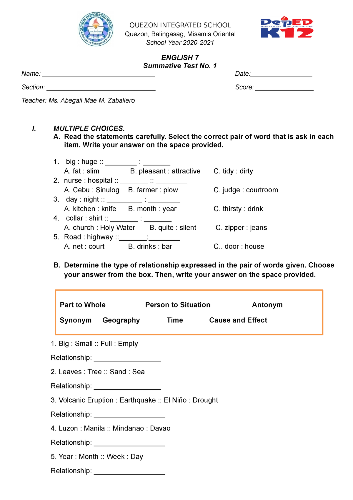 Summative Grade 7 - QUEZON INTEGRATED SCHOOL Quezon, Balingasag ...