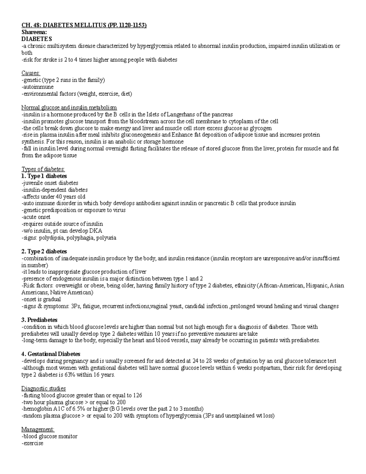 CH. 48 Notes - CH. 48: DIABETES MELLITUS (PP. 1120-1153) Shareena ...