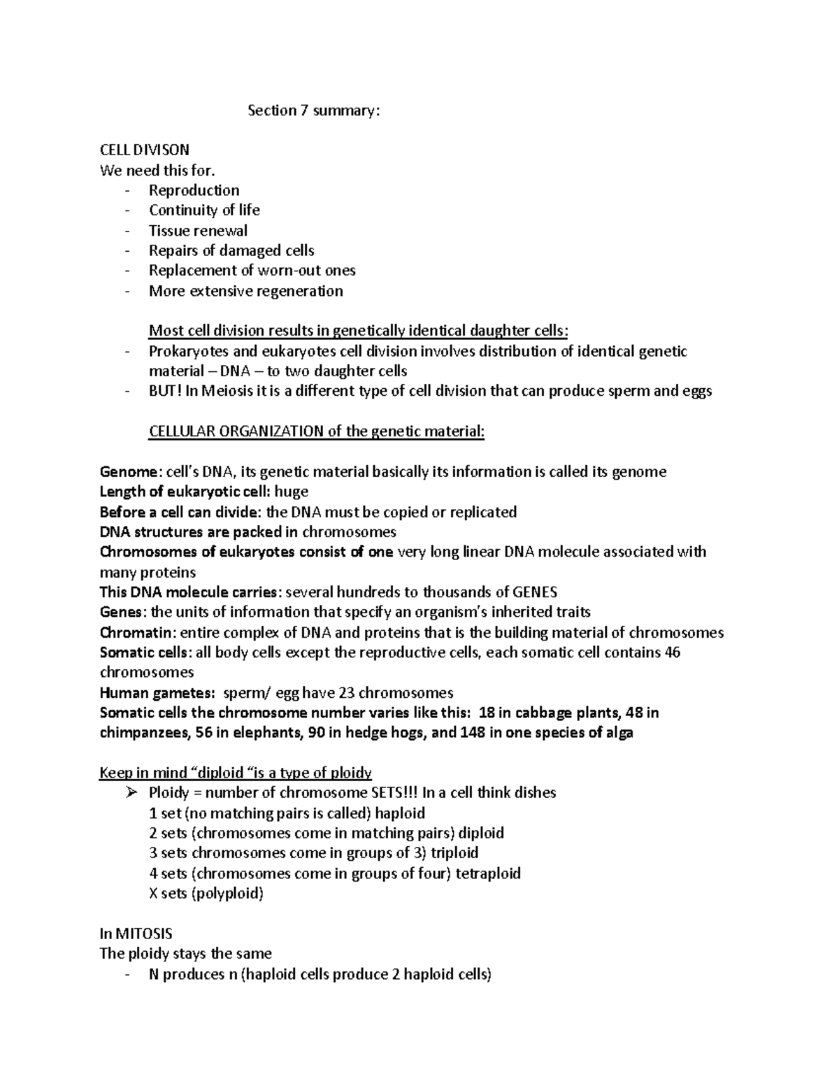 Section 7 summary - Section 7 summary: CELL DIVISON We need this for ...