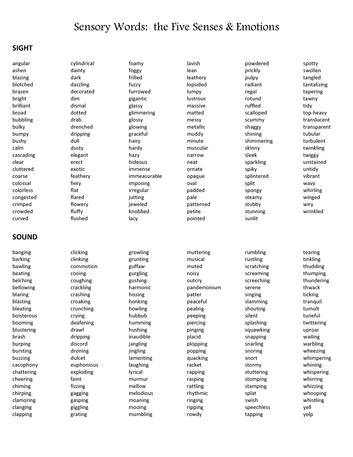 Sensory word list see hear taste smell touch emotion - Sensory Words ...