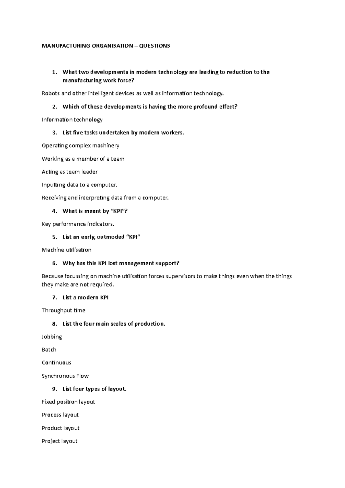 Manufacturing Organisation - MANUFACTURING ORGANISATION – QUESTIONS ...