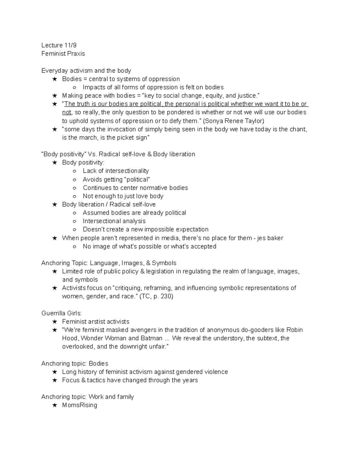 Femst Week 7 Lecture notes week 7 Lecture 11/ Feminist Praxis