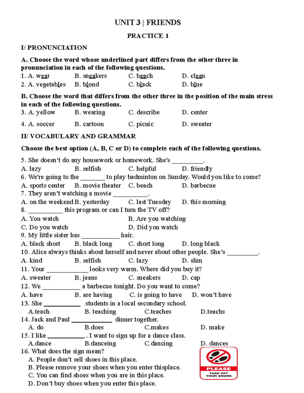 Unit 3 - revision - UNIT 3 | FRIENDS PRACTICE 1 I/ PRONUNCIATION A ...