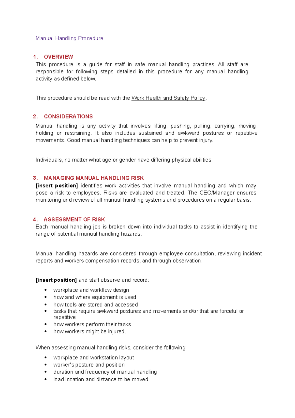 Draft manual handling - Manual Handling Procedure 1. OVERVIEW This ...