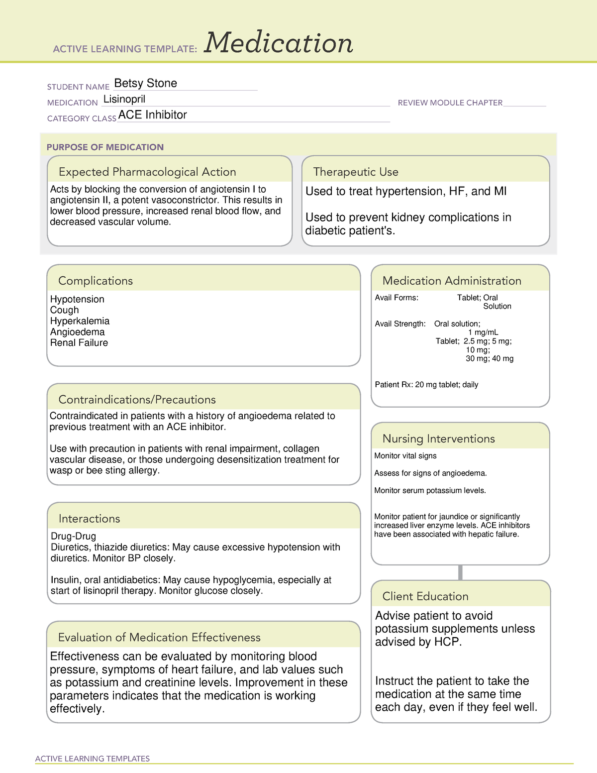 Lisinopril Medication Sheet ACTIVE LEARNING TEMPLATES Medication