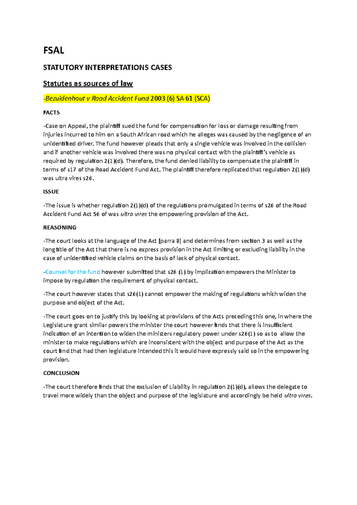 Statutory interpretations cases FSAL STATUTORY INTERPRETATIONS CASES