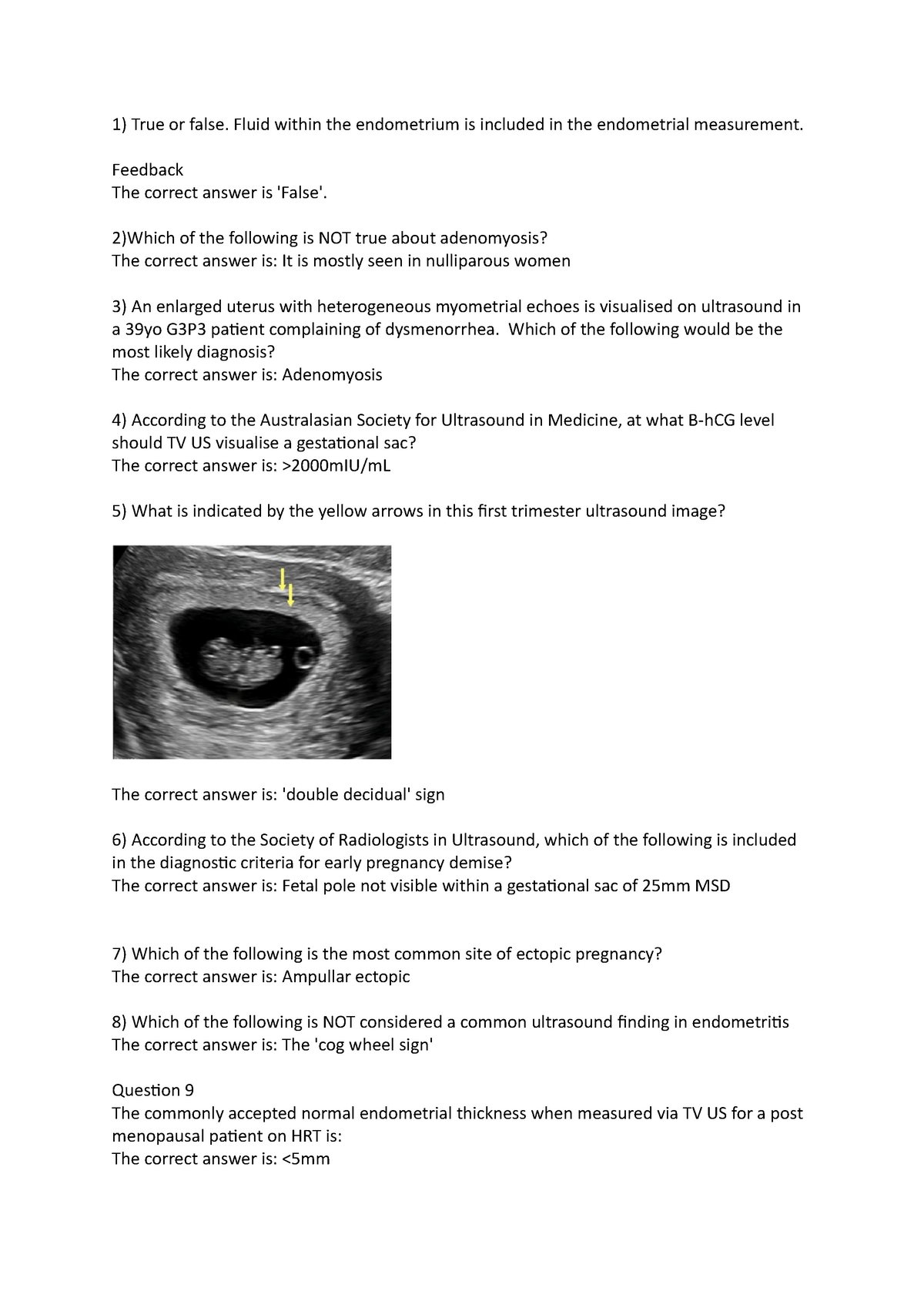 Revision Quiz Answers Summary Ultrasound In Obstetrics And Gynaecology 1 1 True Or False