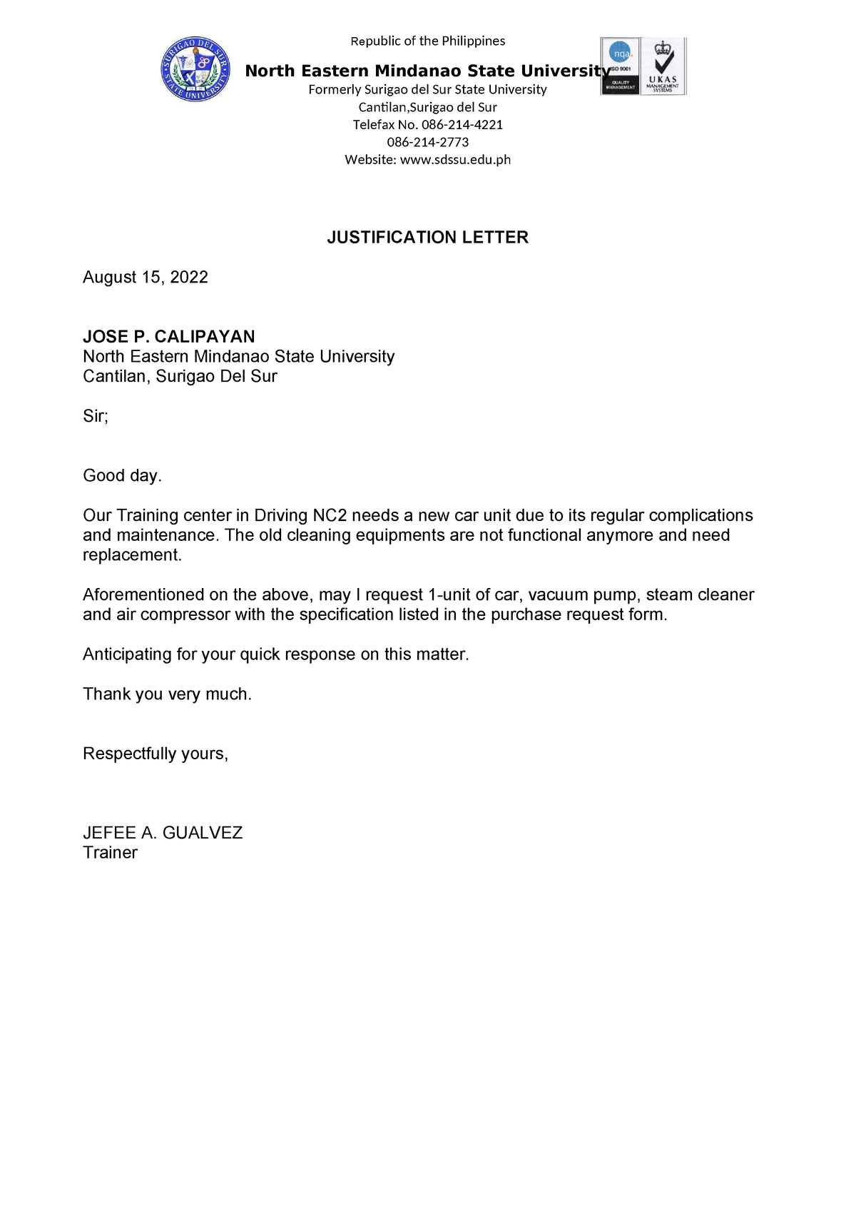 Justification Letter - Republic of the Philippines North Eastern ...