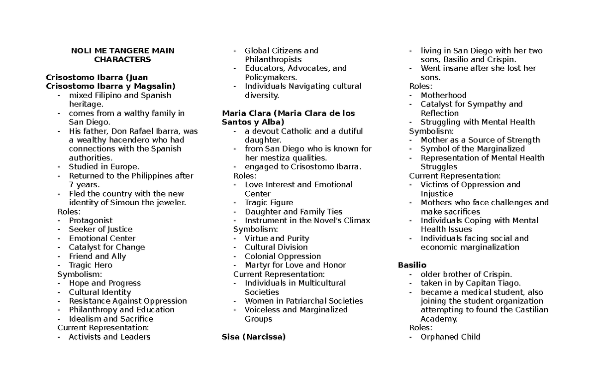 Lwr finals notes - NOLI ME TANGERE MAIN CHARACTERS Crisostomo Ibarra ...