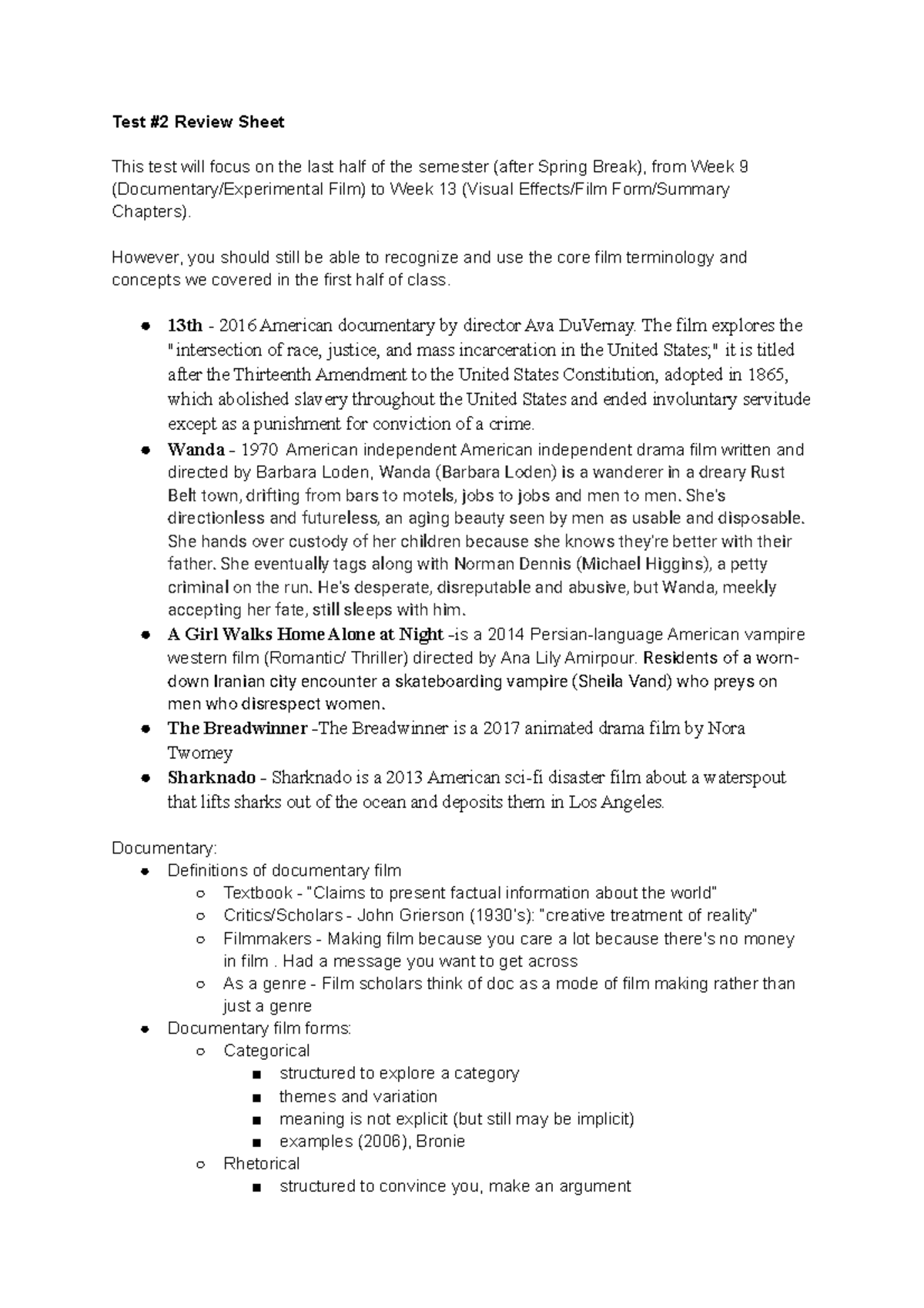 Exam 2 Review Sheet - Test #2 Review Sheet This test will focus on the ...