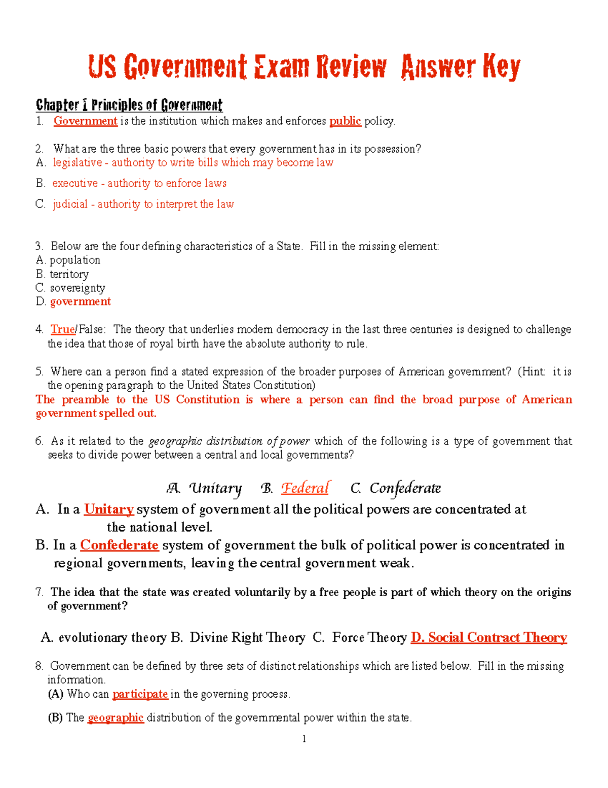 Government exam review answer key - US Government Exam Review Answer ...