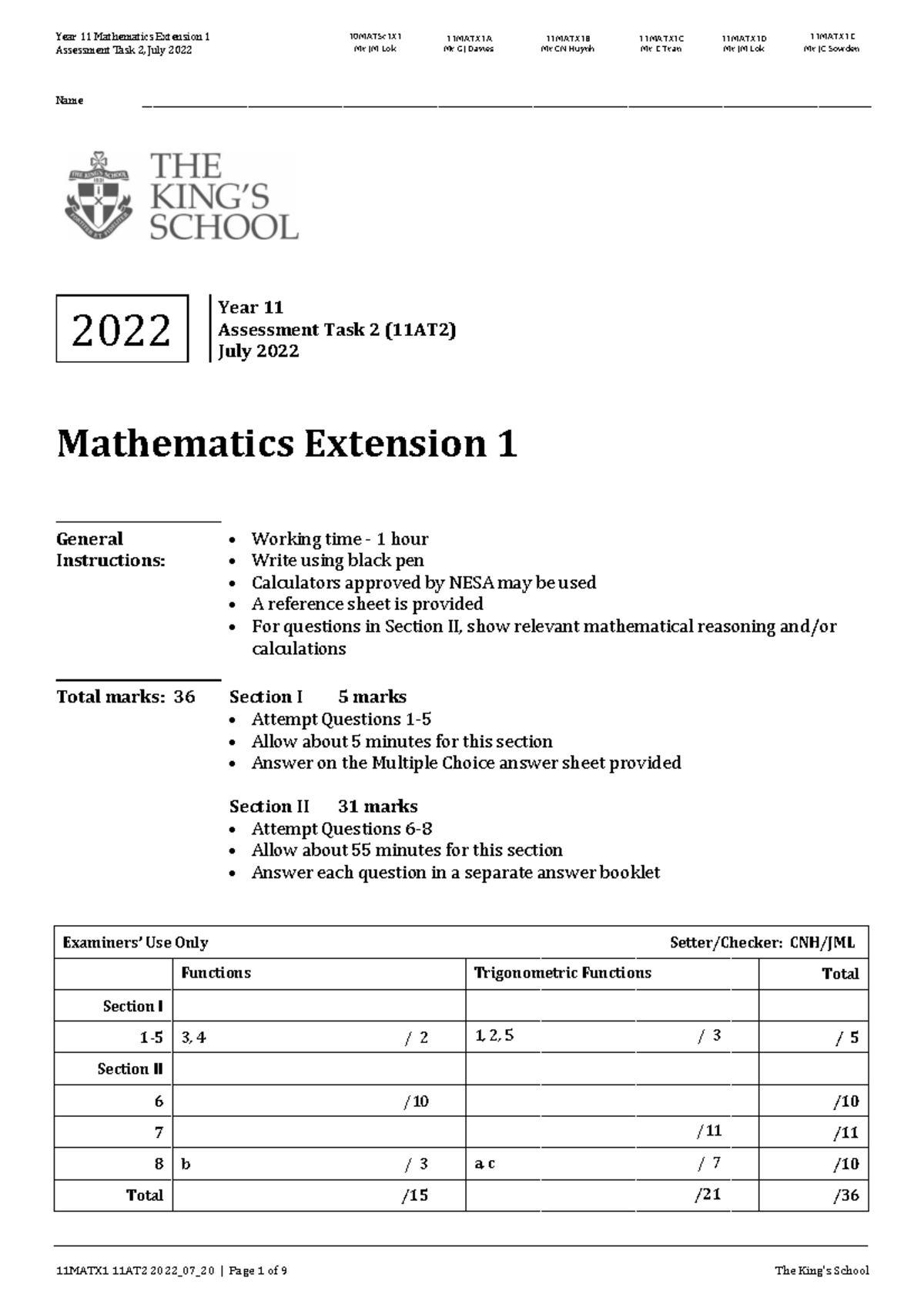 Y11 Ext1 AT2 2022 w solns - Year 11 Mathematics Extension 1 Assessment ...