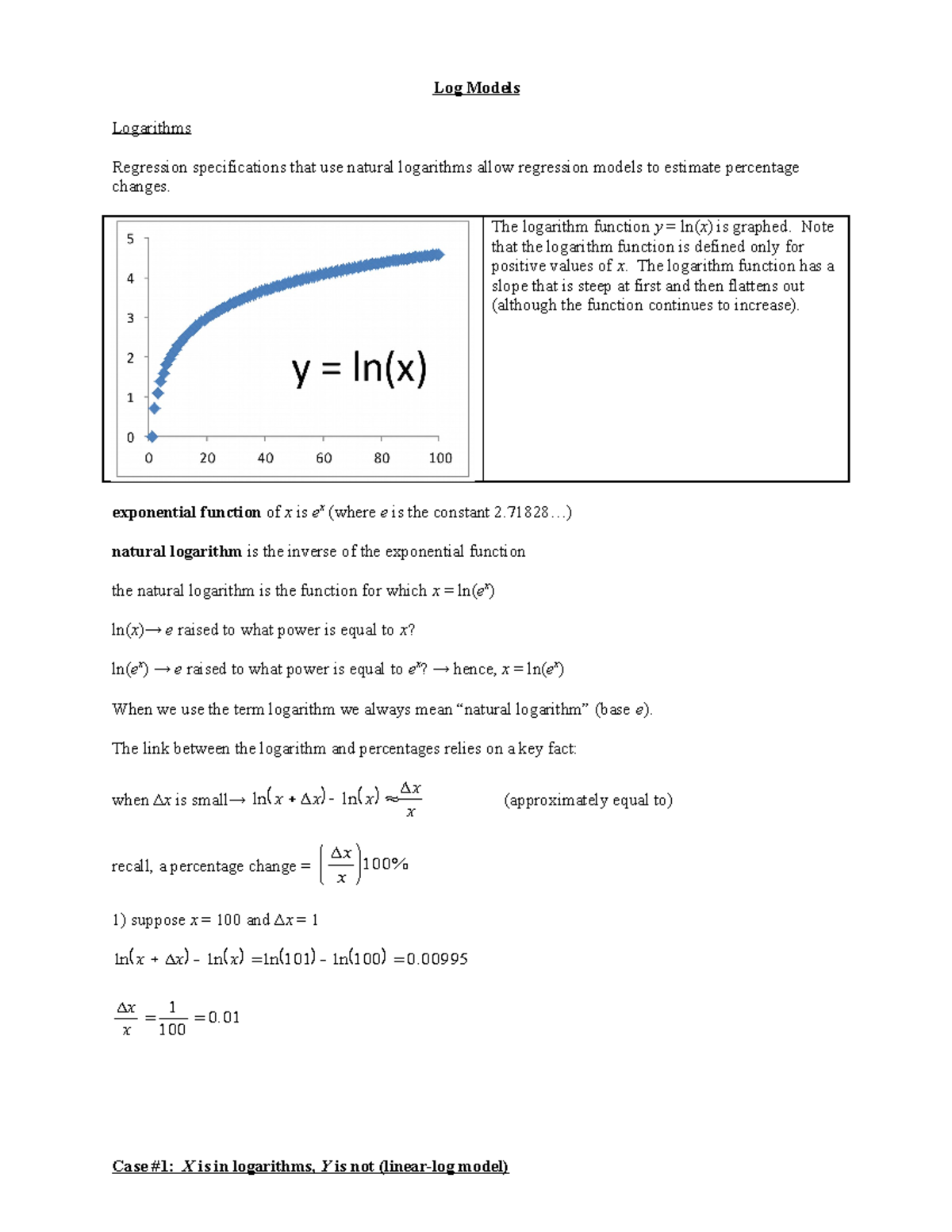 Log models - Lecture notes 1.1 - Log Models Logarithms Regression ...