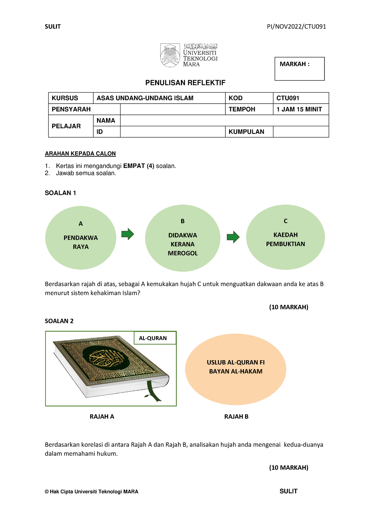 Penulisan Reflektif CTU091 november 2022 - SULIT PI/NOV 2022 /CTU0 91 ...