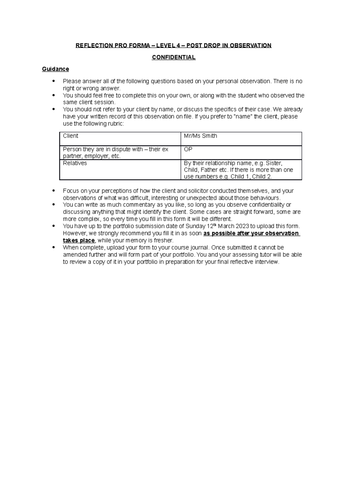 Observation Template - Ethics - REFLECTION PRO FORMA – LEVEL 4 – POST ...