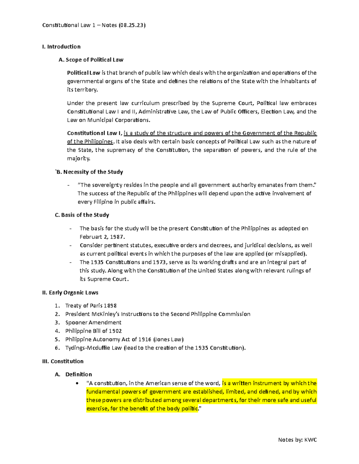 Introduction to Constitutional Law 1 - I. Introduction A. Scope of ...