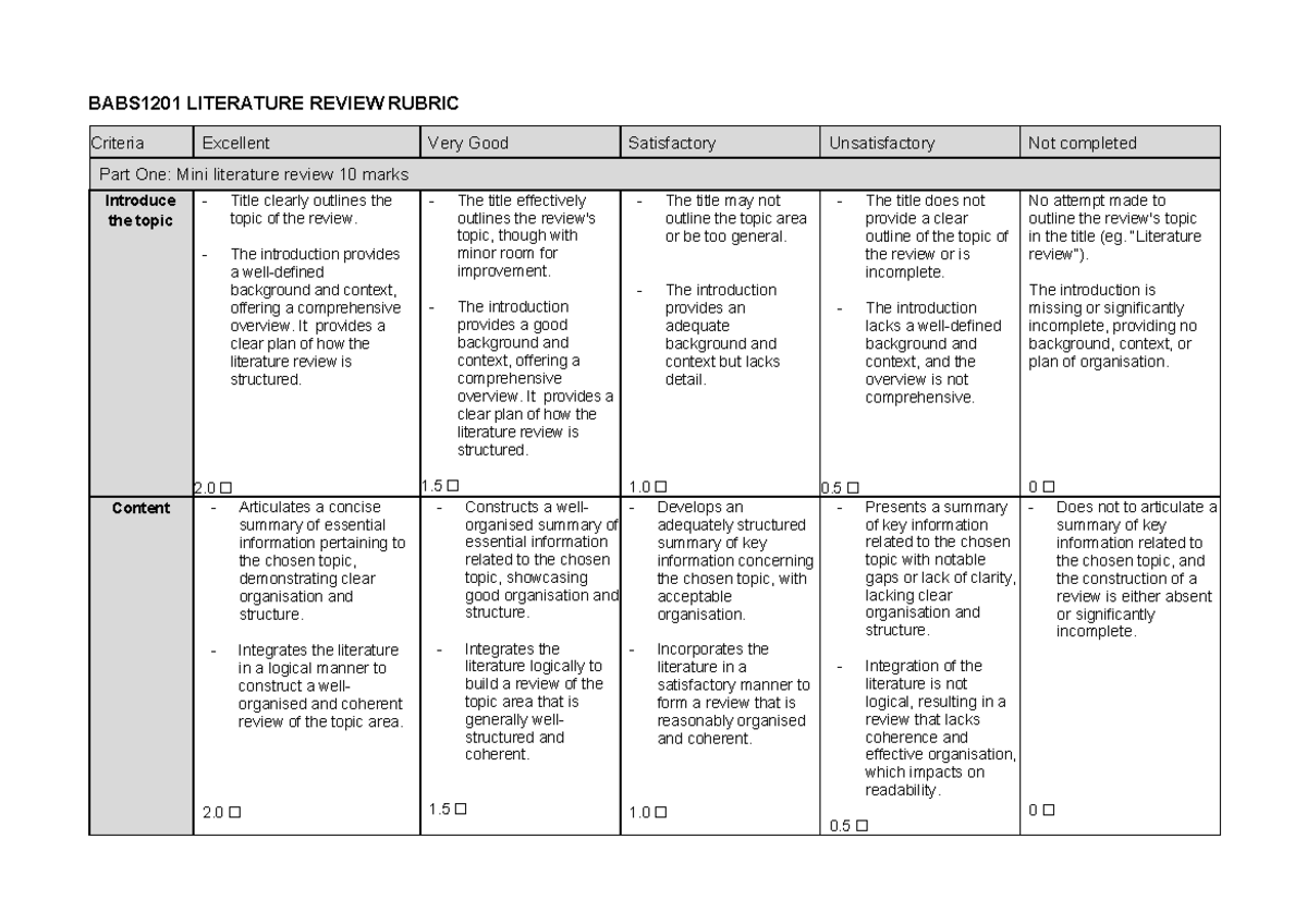 Rubric Literature Review Babs1201 Babs1201 Literature Review Rubric Criteria Excellent