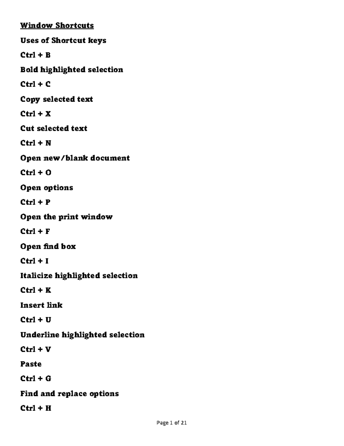 Keyboard Shortcuts Window Shortcuts Uses of Shortcut keys Ctrl + B