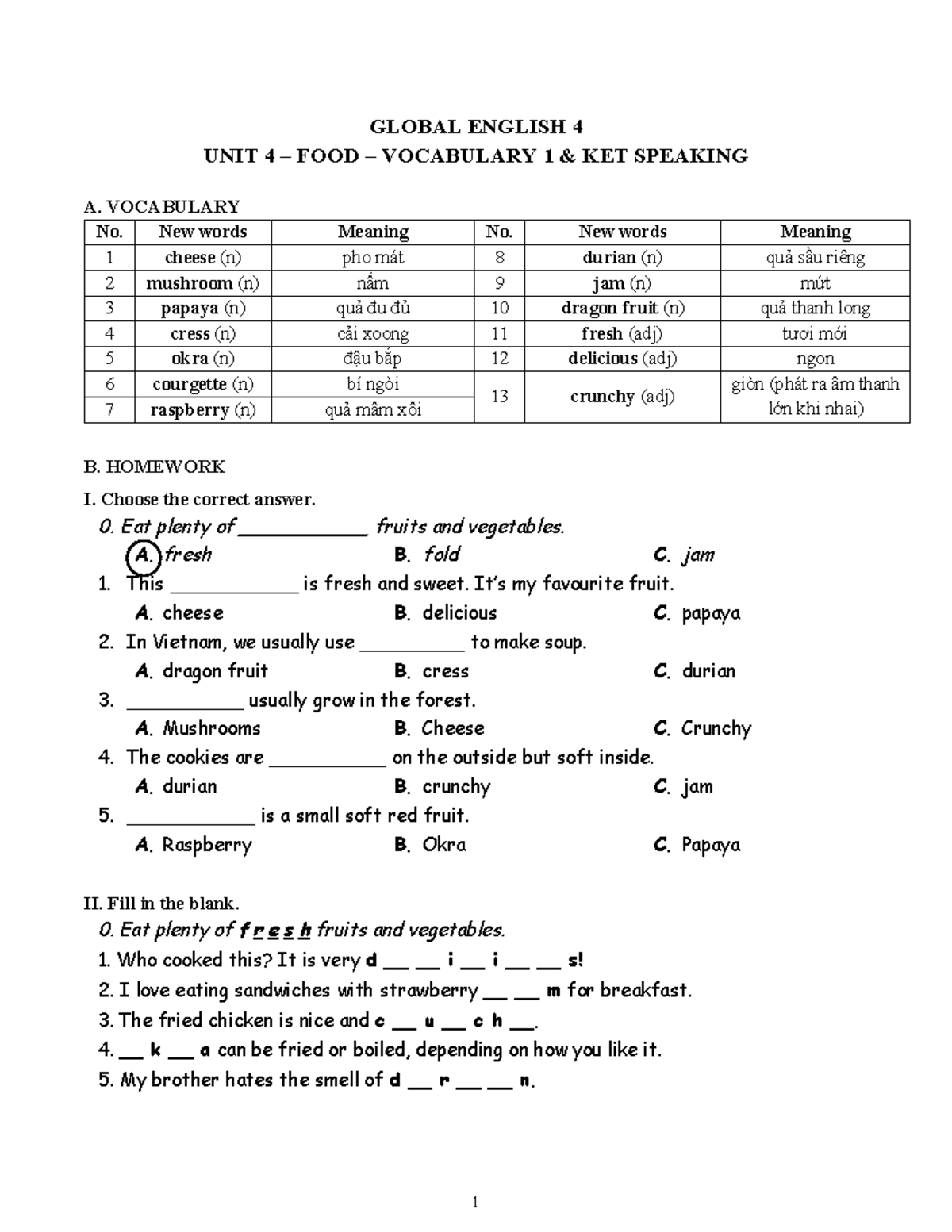 Foreign Teacher S4 W11 U4 Vocabulary 1 - GLOBAL ENGLISH 4 UNIT 4 – FOOD ...
