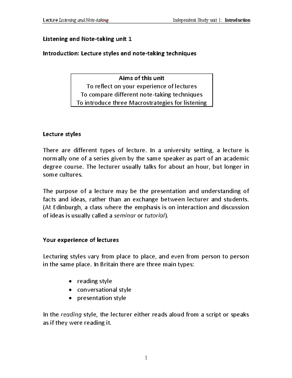 How to take notes during lecture - /HFWXUH Listening and Note-taking ...
