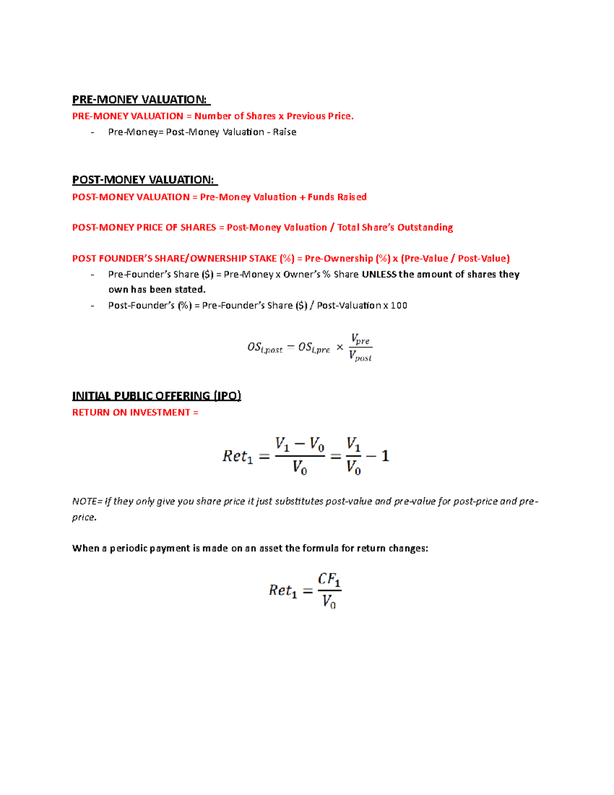 COMM1170 - Formula Sheet - PRE-MONEY VALUATION: PRE-MONEY VALUATION ...