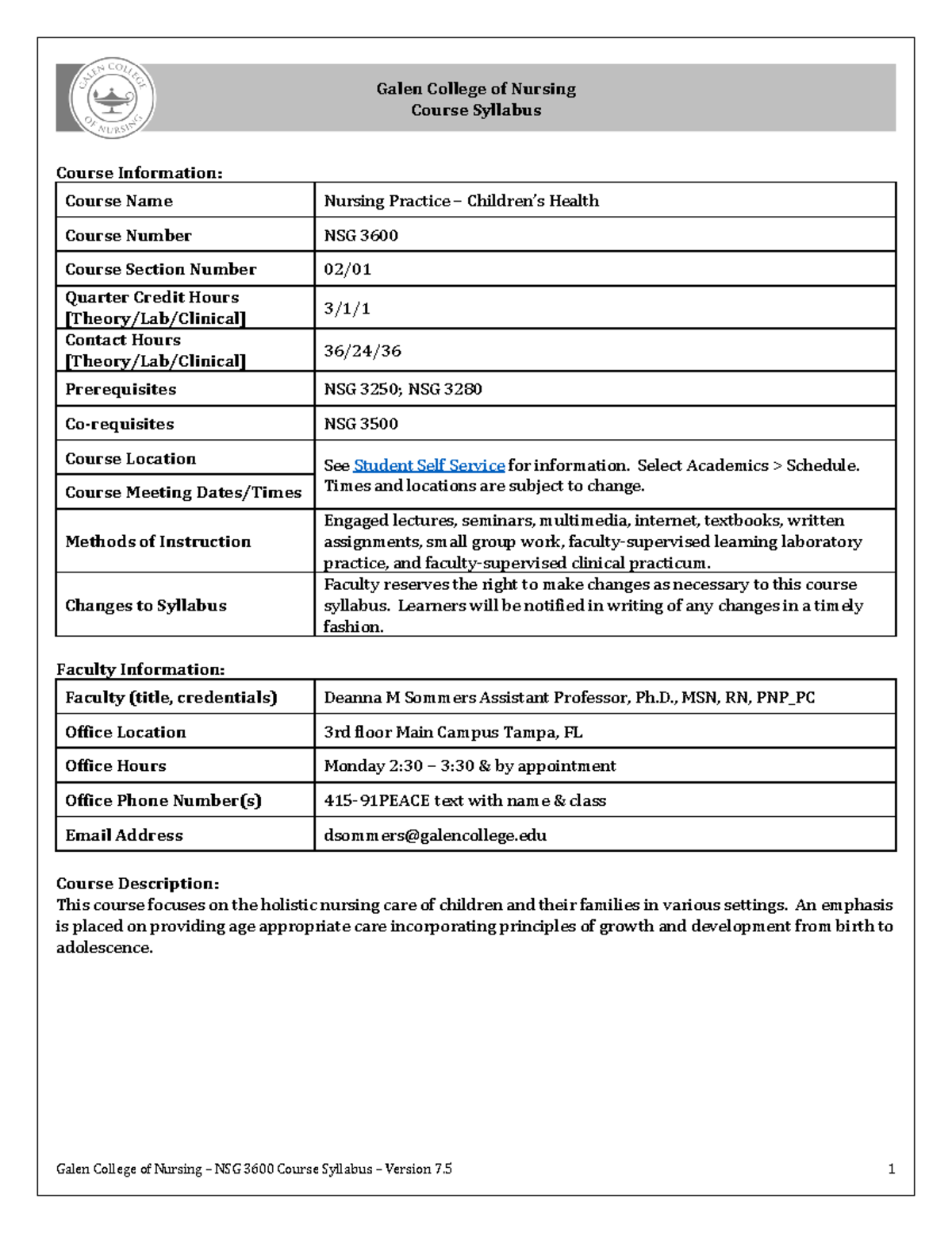 NSG 3600 Syllabus Version 7-5Sommers FA 23 - Galen College Of Nursing ...