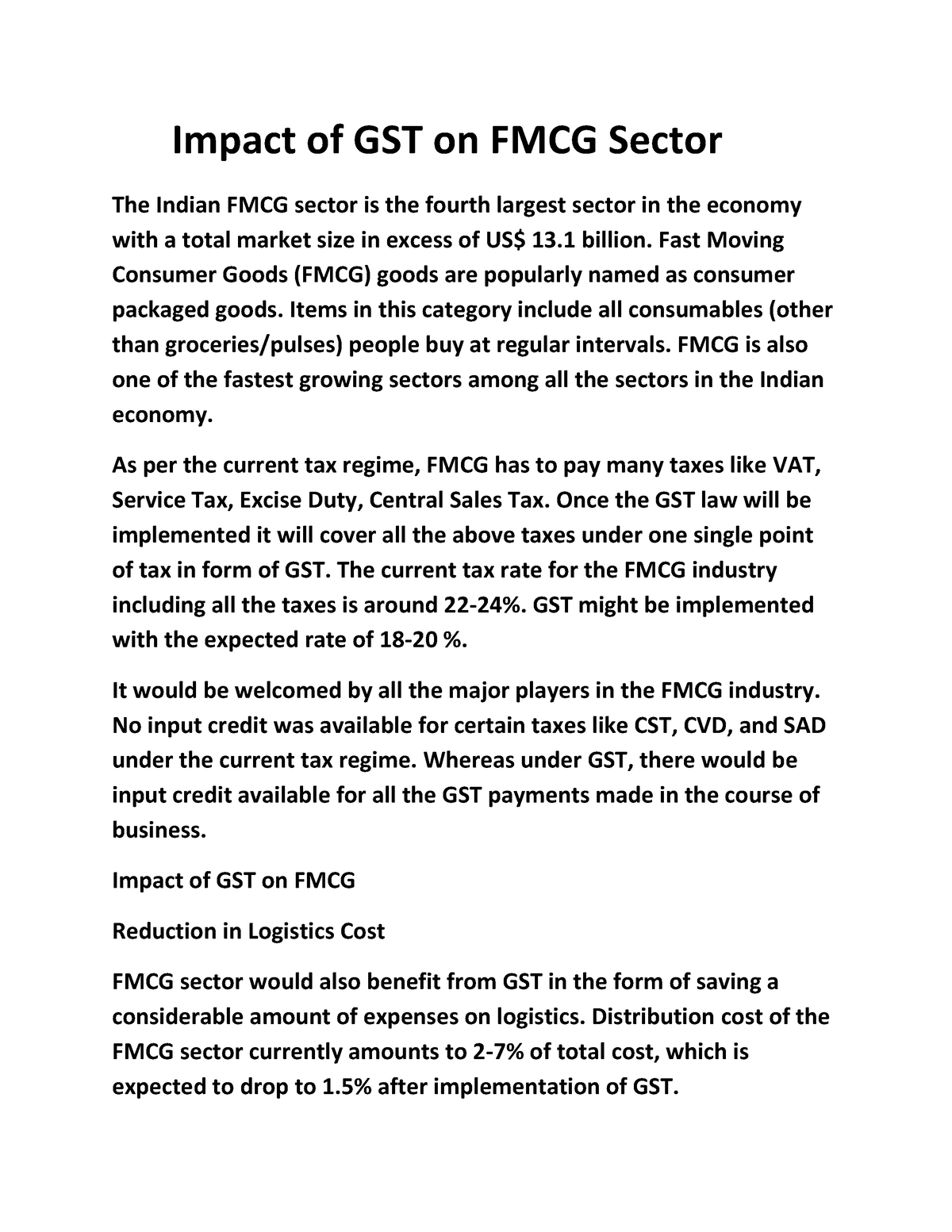 Impact Of GST On FMCG Sector And Durables Goods - Impact Of GST On FMCG ...