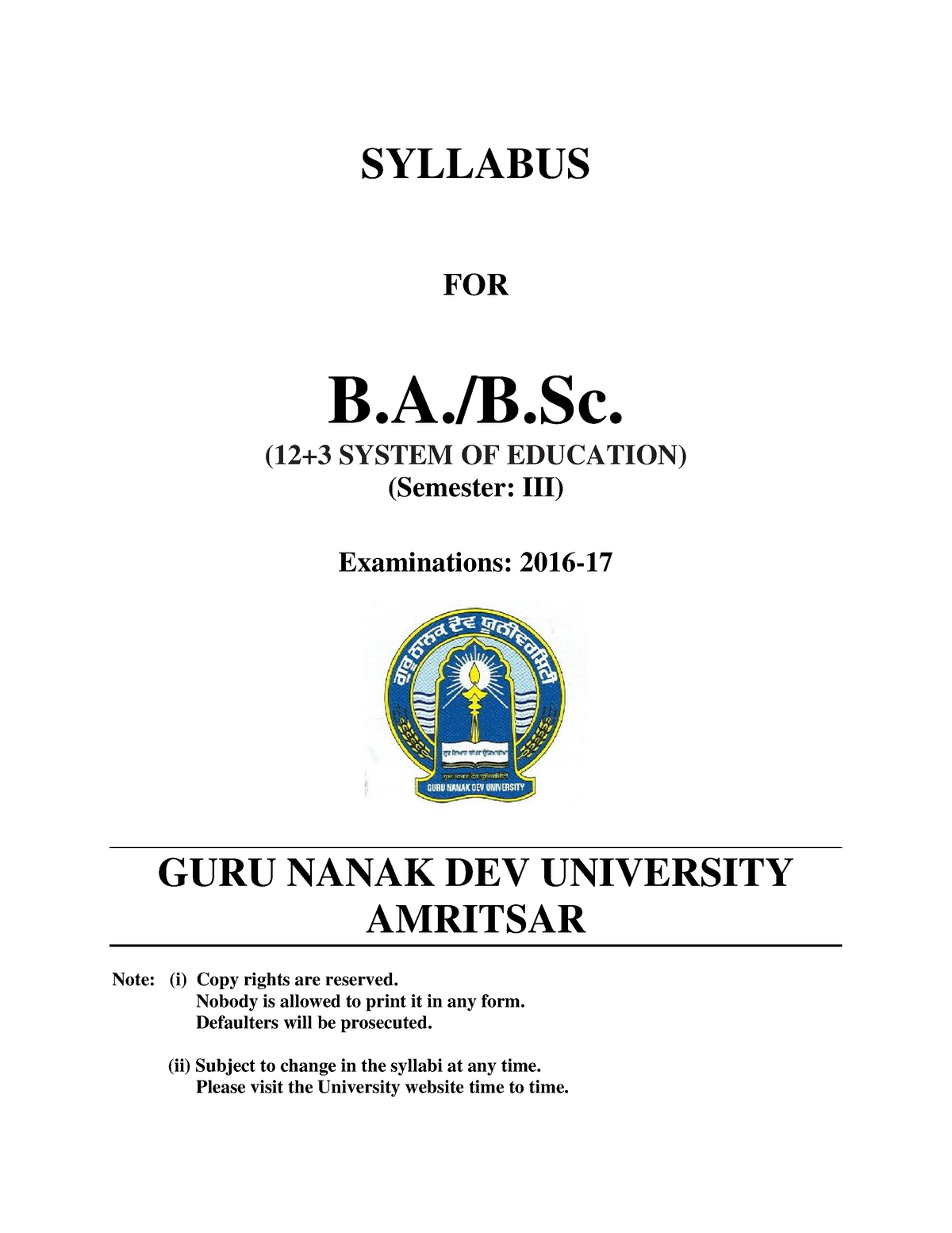 BA BSC Semester III - SYLLABUS FOR B.A./B. (12+3 SYSTEM OF EDUCATION ...