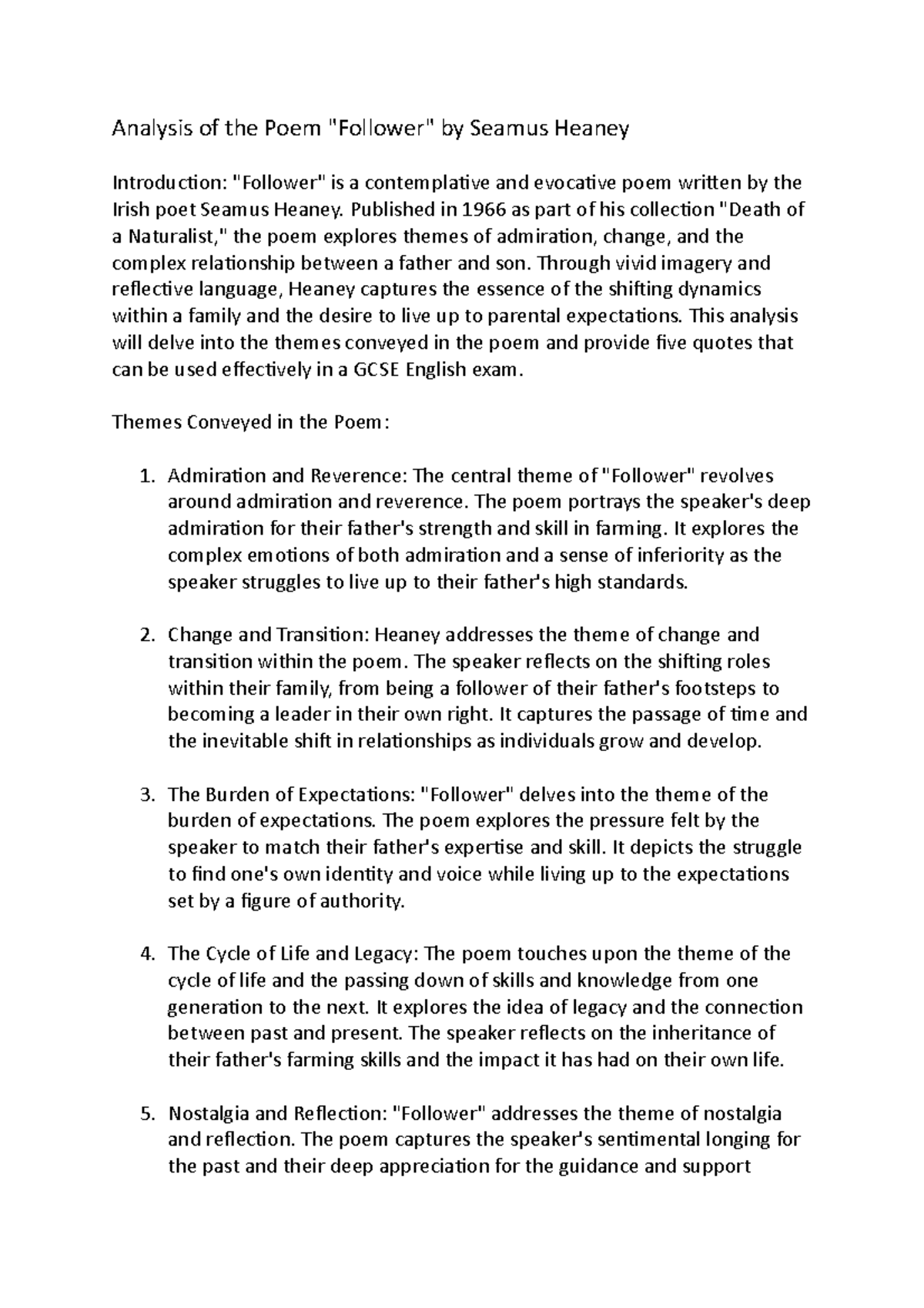 Analysis of the Poem "Follower" by Seamus Heaney Analysis of the Poem