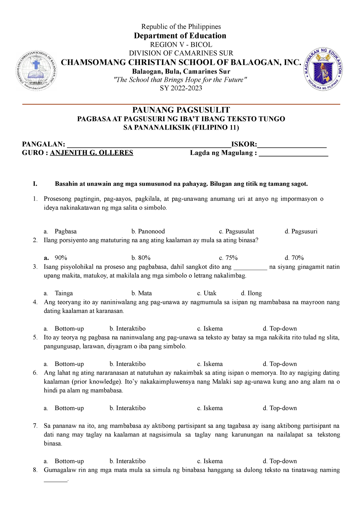 2nd Sem G11 - EXAMINATION - Republic Of The Philippines Department Of ...