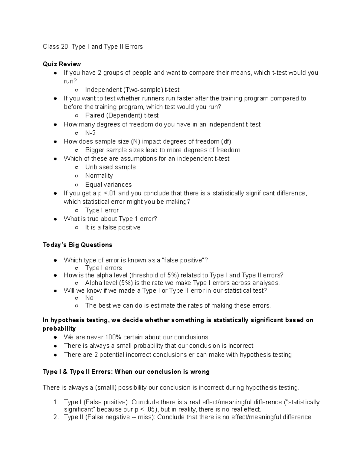 Class 20 Type I and Type II Errors - Class 20: Type I and Type II ...