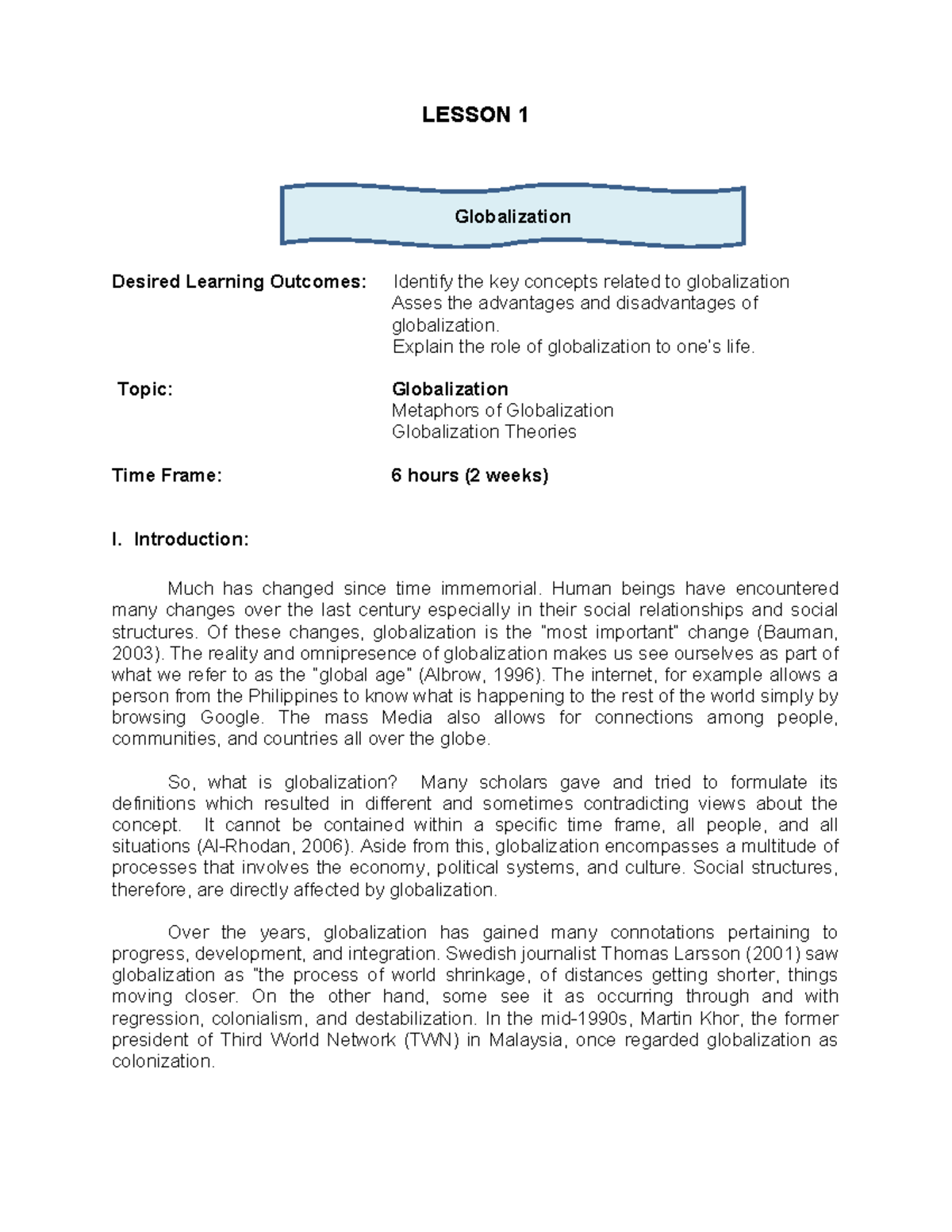 Lesson-1-Globalization - LESSON 1 Desired Learning Outcomes: Identify ...